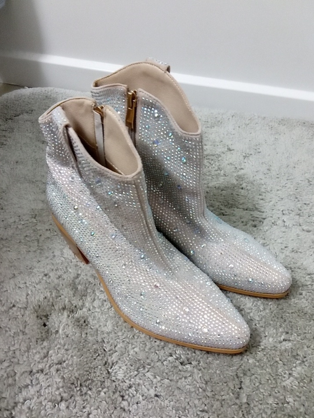 Sparkle Cream Rhinestone Ankle Booties with Side Zip